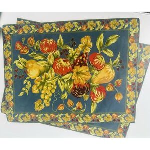 Vintage‎ APRIL CORNELL Placemats Blue FRUITS & Floral 100% Cotton Cottagecore